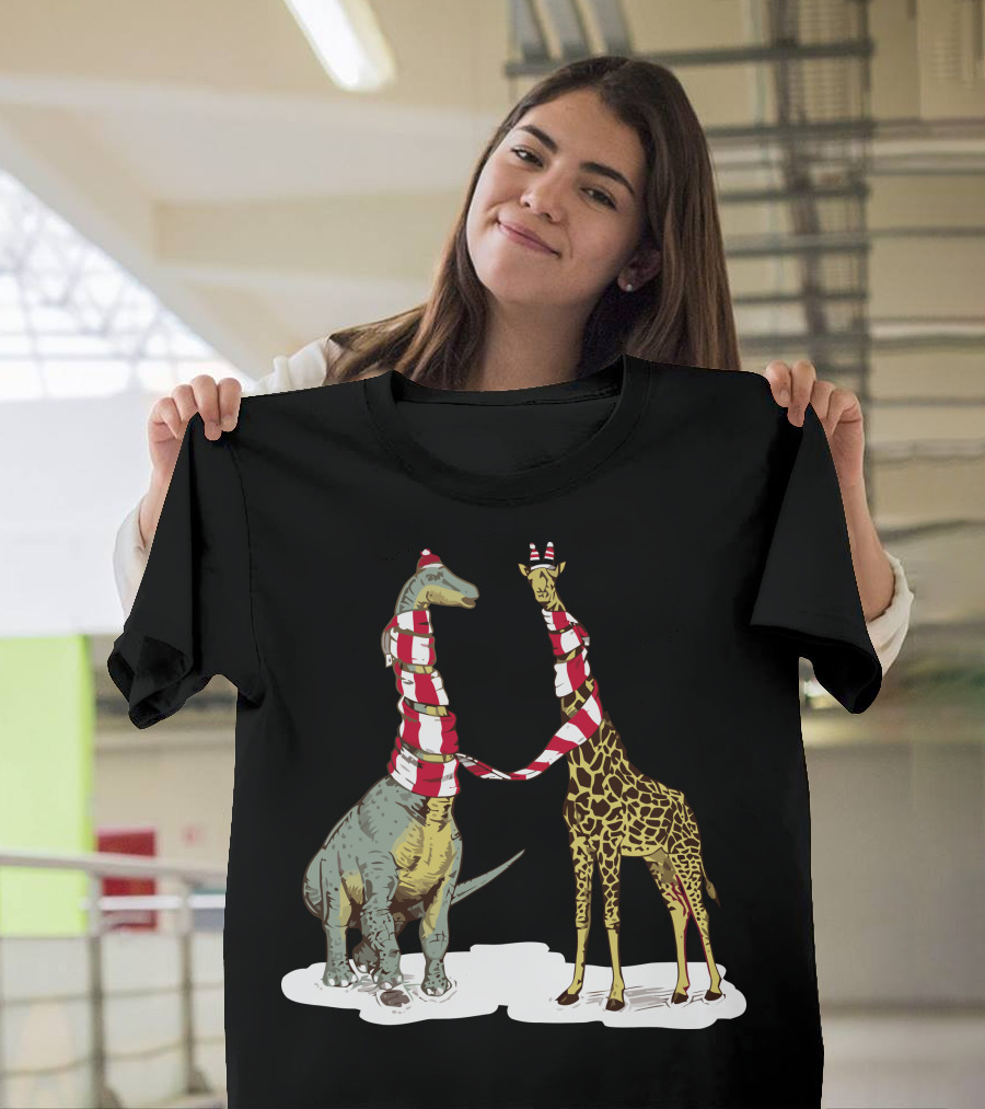 Neck The Halls Dinosaur and Giraffe in Christmas Scarves T-Shirt