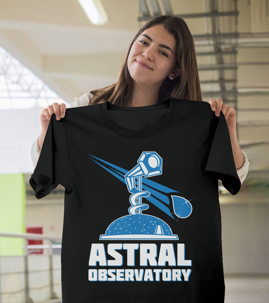 Astral Observatory Telescope Logo with Starry Sky and Cosmic Drop T-Shirt