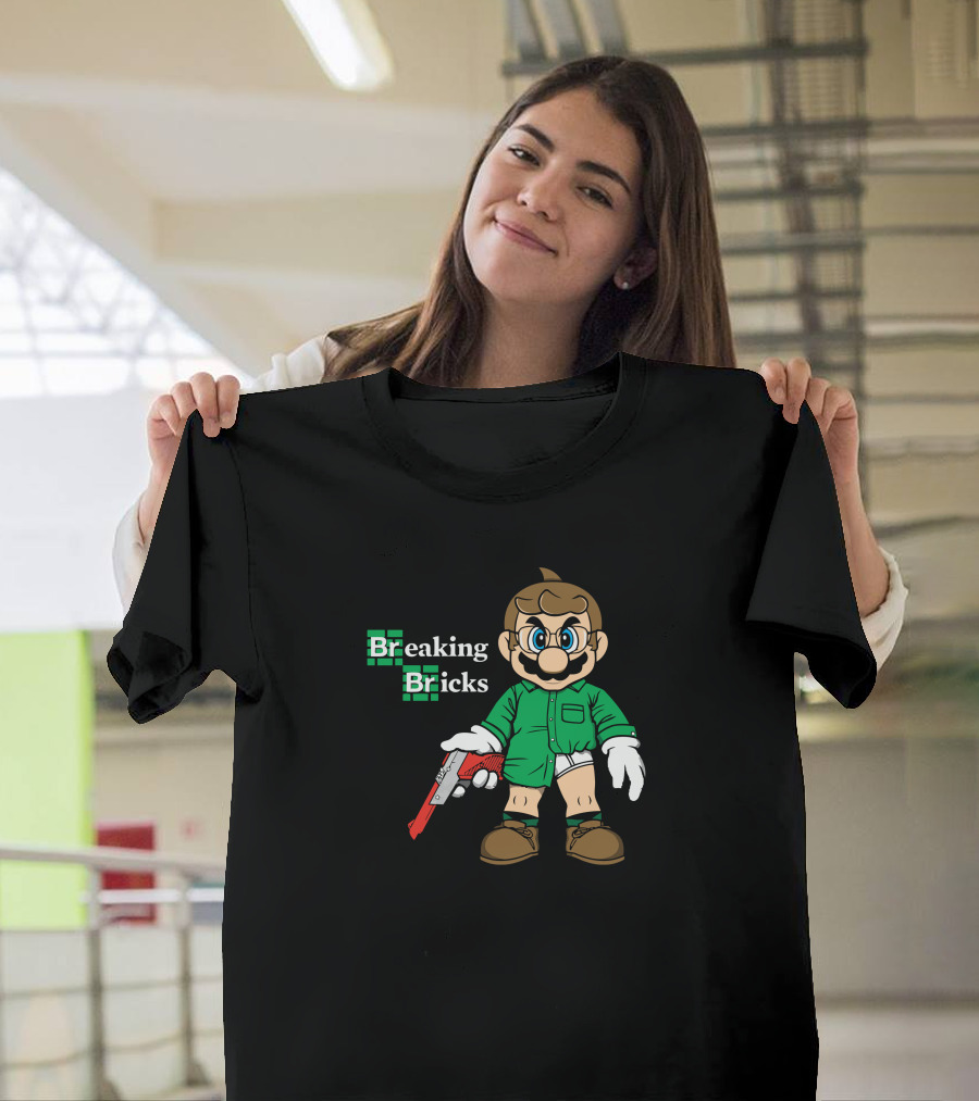 Breaking Bricks Mario Parody with Gaming Character Luigi Styled as Breaking Bad Walter White T-Shirt