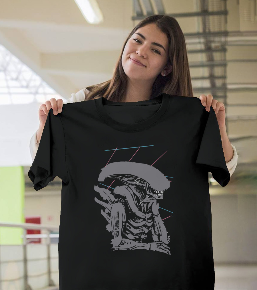 Retro Futuristic Alien with Geometric Neon Accents T-Shirt