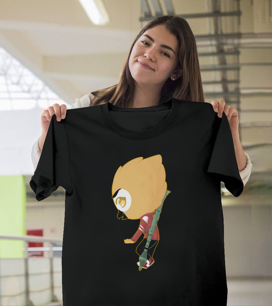Funny Black Gaming Bird Character with Weapon T-Shirt