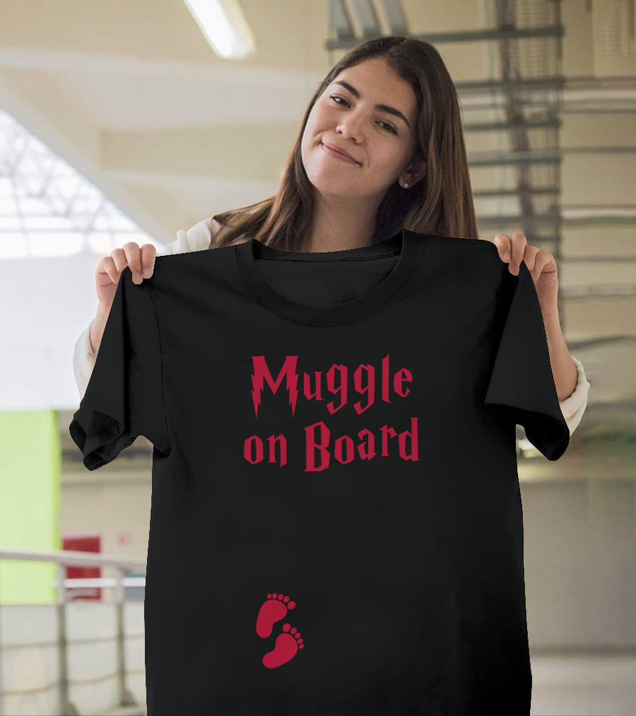 Muggle On Board Red Text and Footprints T-Shirt