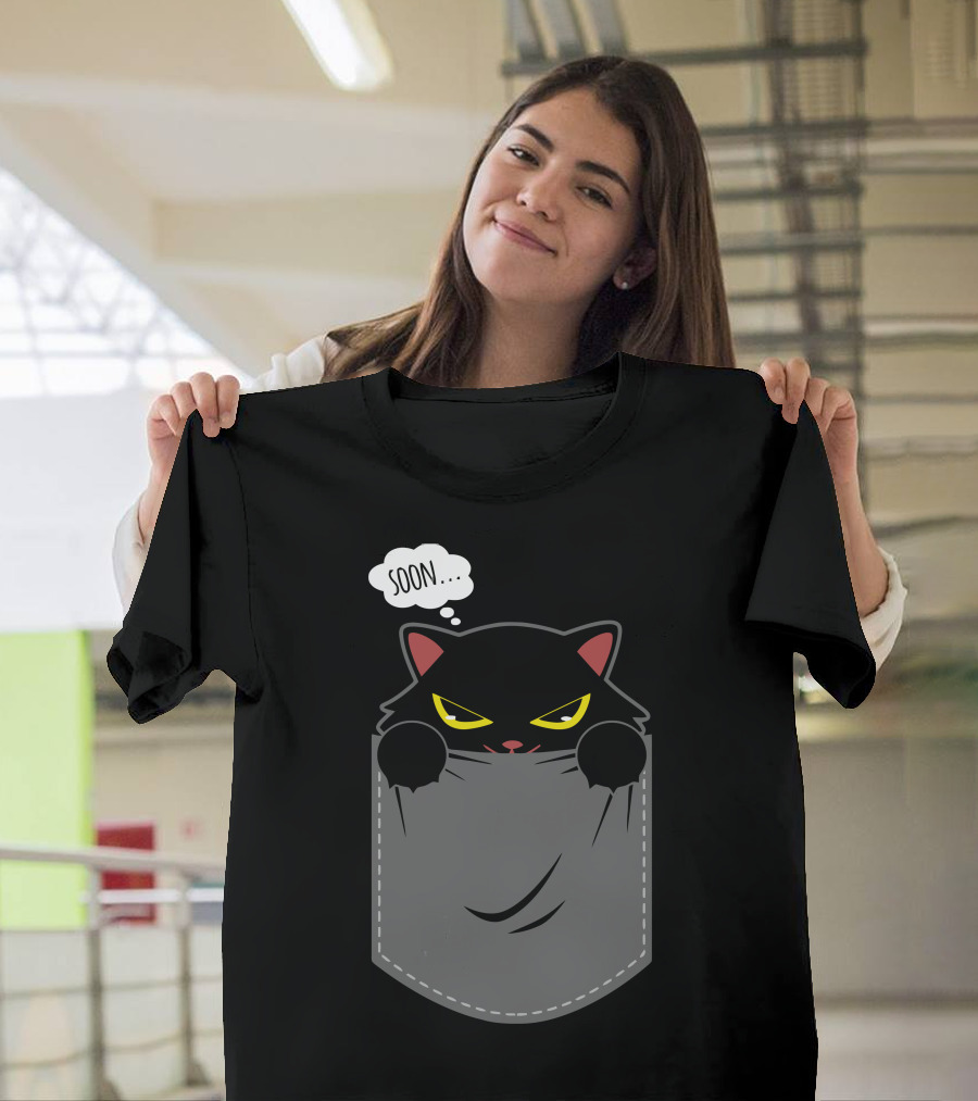 Soon Cat Peeking Out of Pocket T-Shirt