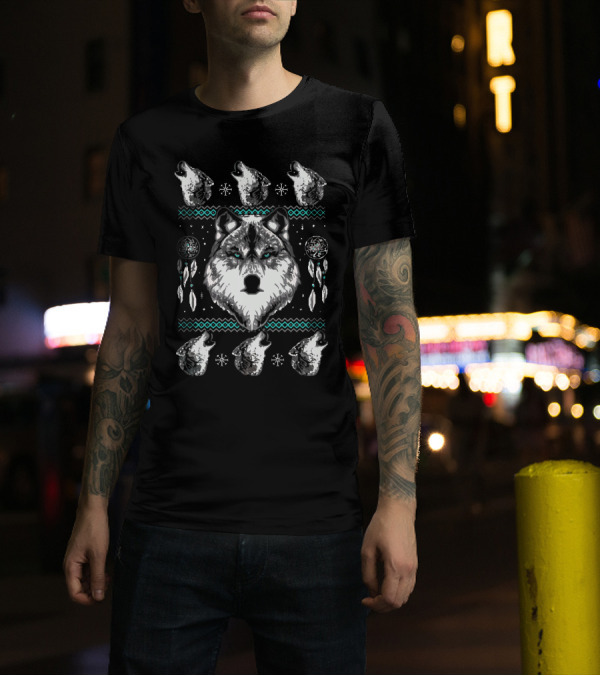 Merry Wolfmas Dreamcatcher Wolf Snowflake T-Shirt