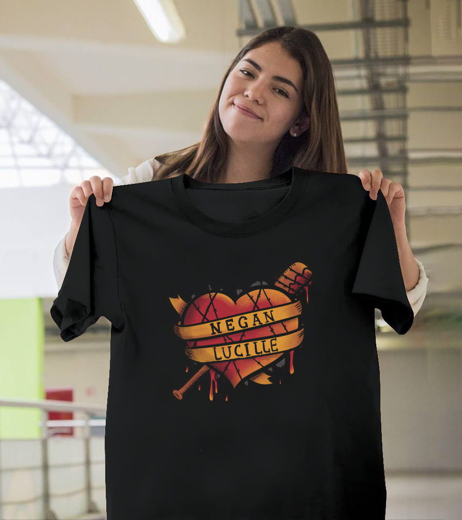 Negan Lucille Bloody Love Heart and Barbed Wire Baseball Bat T-Shirt
