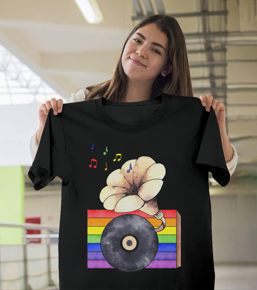 Rainbow Vinyl Music Ceremony with Gramophone and Notes T-Shirt
