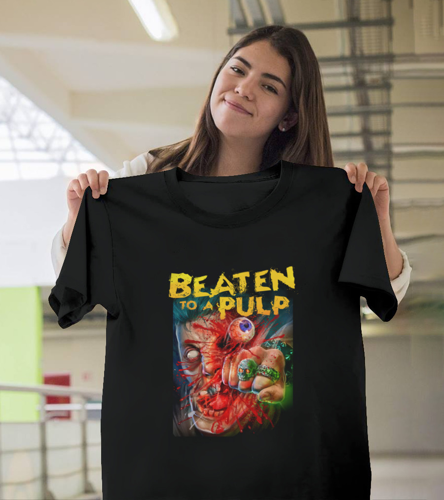 Beaten To A Pulp Violent Zombie Image with Bloody Eerie Rings and Eye T-Shirt