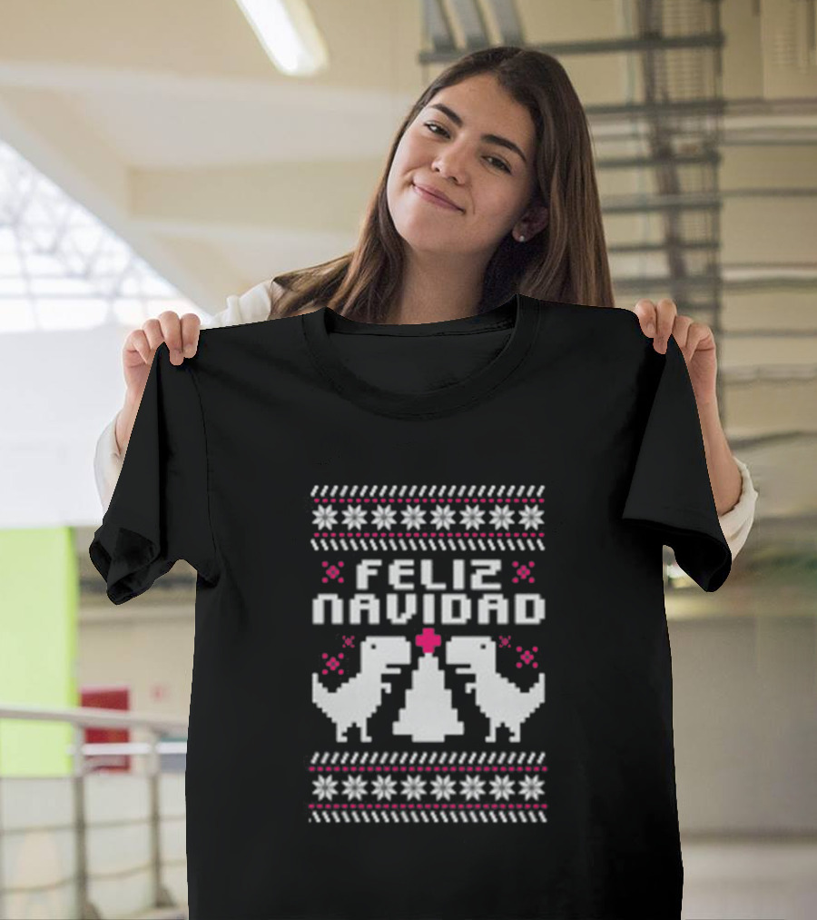 Feliz Navidad Christmas Dinosaurs with Tree in Pixel T-Shirt
