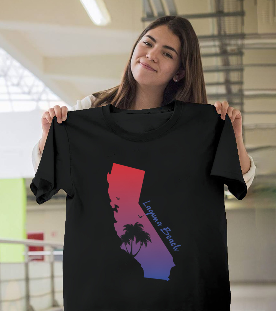 Laguna Beach California Gradient Map with Palm Trees and Birds T-Shirt