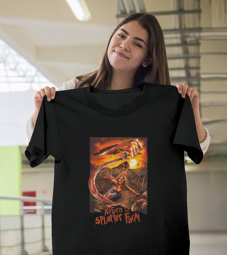 Return To Splatter Farm Horror Scene with Woman Running from Giant Knife Hand in Pumpkin Field at Sundown T-Shirt