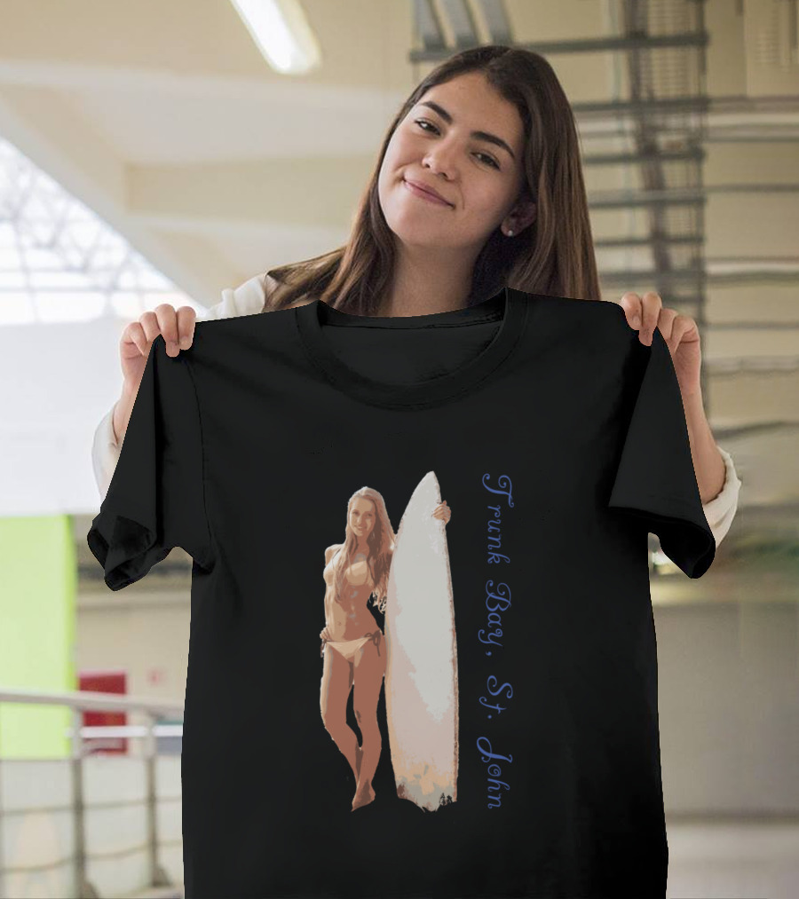 Trunk Bay St John Surfing Woman with Surfboard T-Shirt