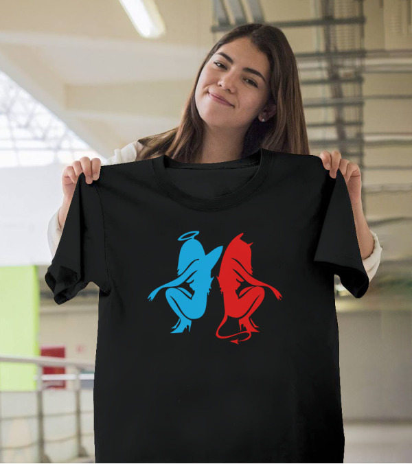 Angel And Demon Girl Contrast Halo And Horns Duo T-Shirt