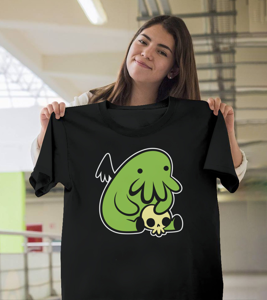Baby Cthulhu Holding Skull Cute Green Monster T-Shirt