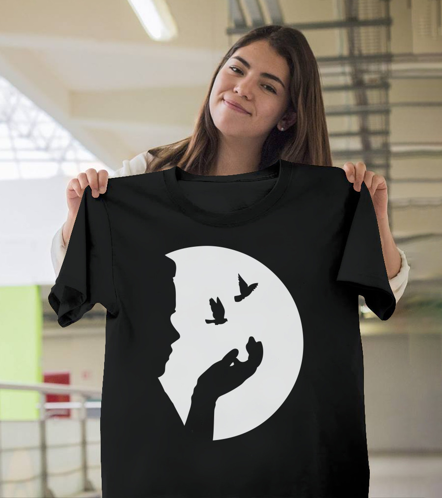 Catch and Release Silhouette with Birds Against Full Moon T-Shirt