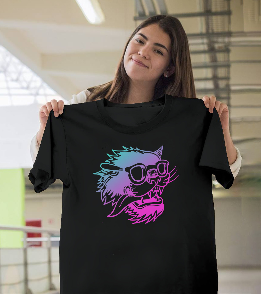 Retro Neon Hipster Cat Glasses Rainbow Gradient T-Shirt