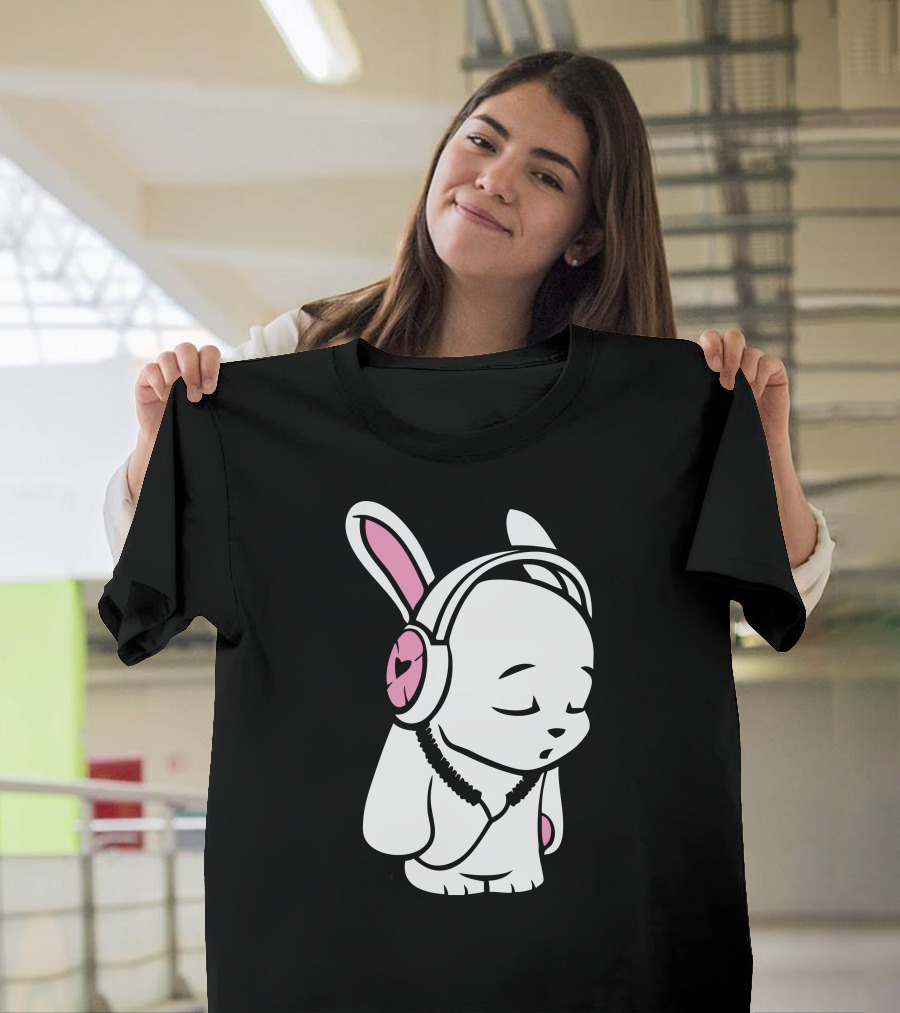 Love Music Bunny Wearing Heart Headphones Cartoon T-Shirt