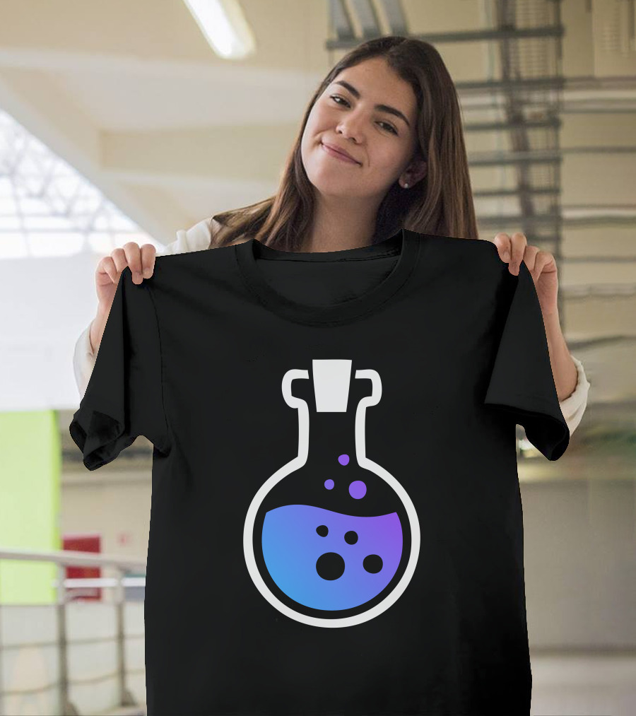 Minimalist Magic Spell Potion Flask with Blue and Purple Gradient Bubbles T-Shirt