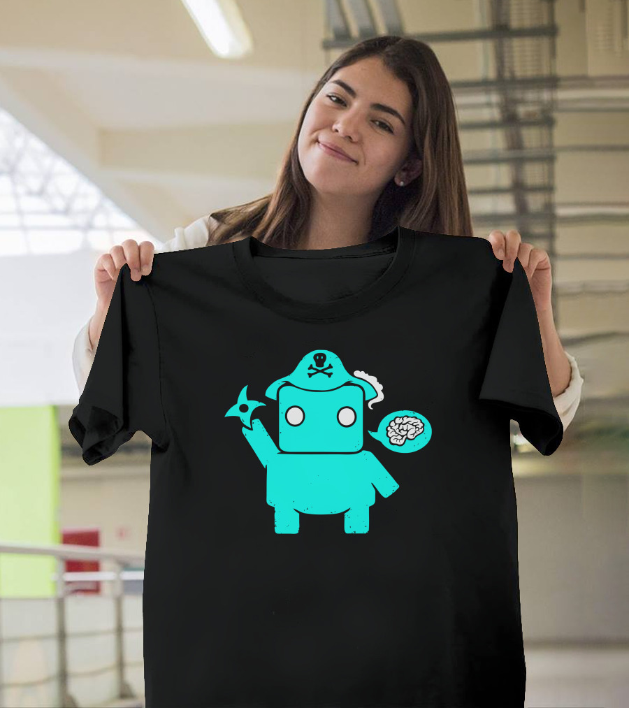 Ninja Pirate Robot Zombie with Shuriken and Brain Speech Bubble T-Shirt