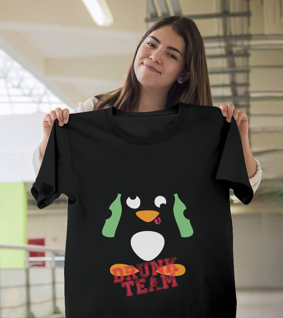 Penguin Drunk Team Holding Green Bottles Winking Silly Expression T-Shirt