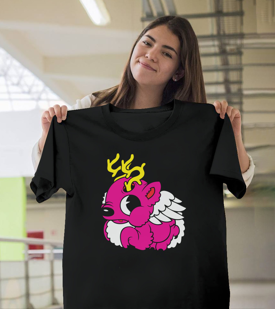 Pinky Flying Deer Cartoon with Yellow Antlers and Wings T-Shirt
