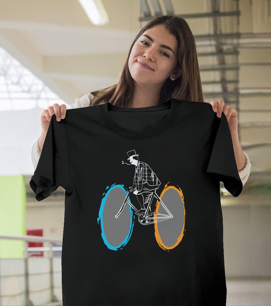 Portal To Portal Bicycle Journey Through Blue and Orange Ovals T-Shirt