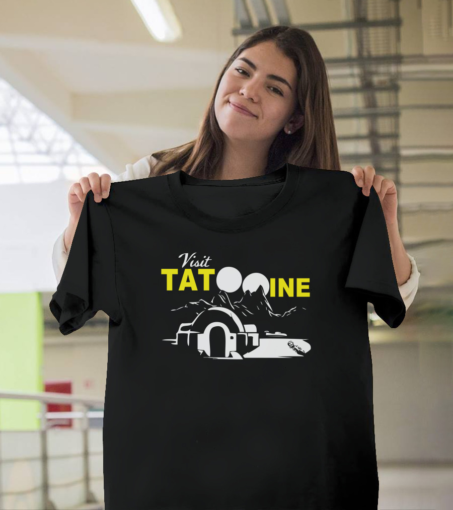 Visit Tatooine Star Wars Twin Suns Landscape Scene with Moisture Farm and Landspeeder T-Shirt