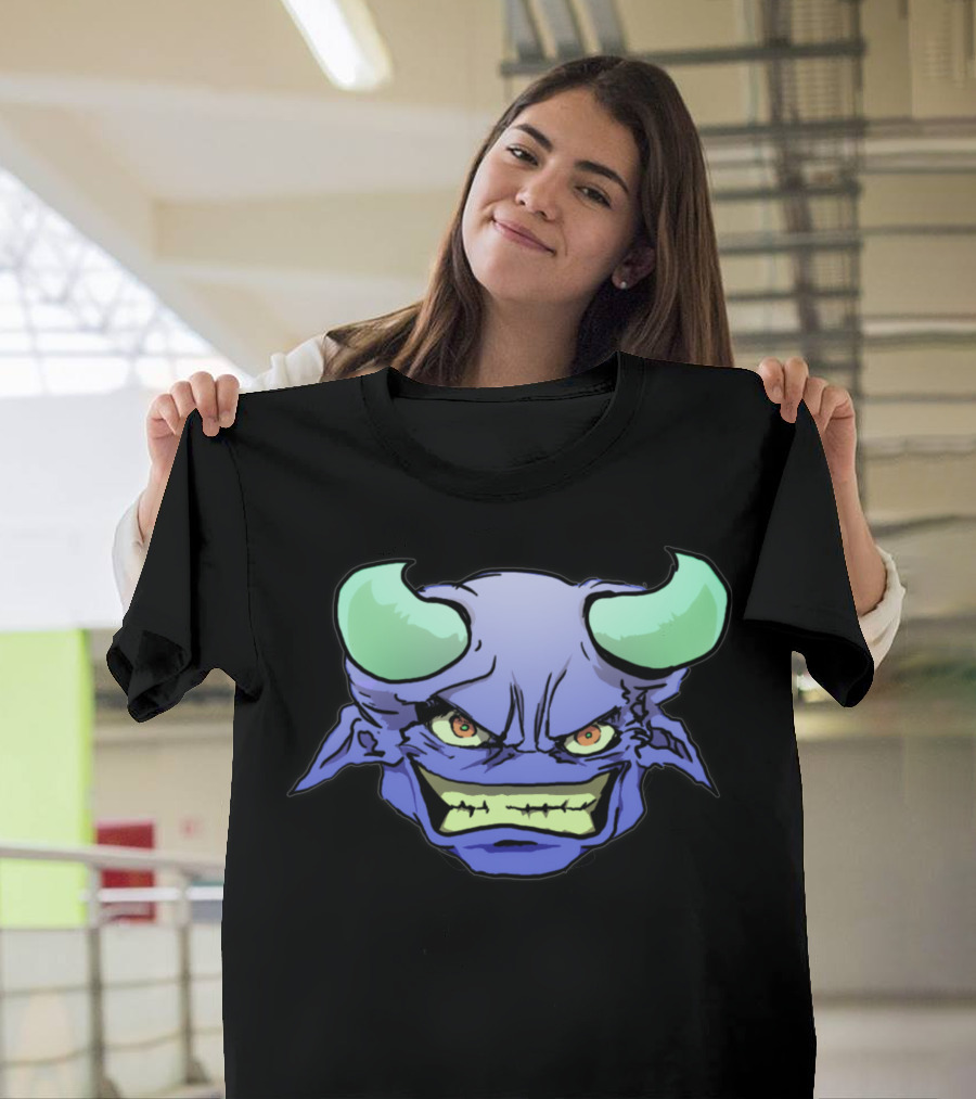 Blue Monster With Horns Aggressive Grin T-Shirt