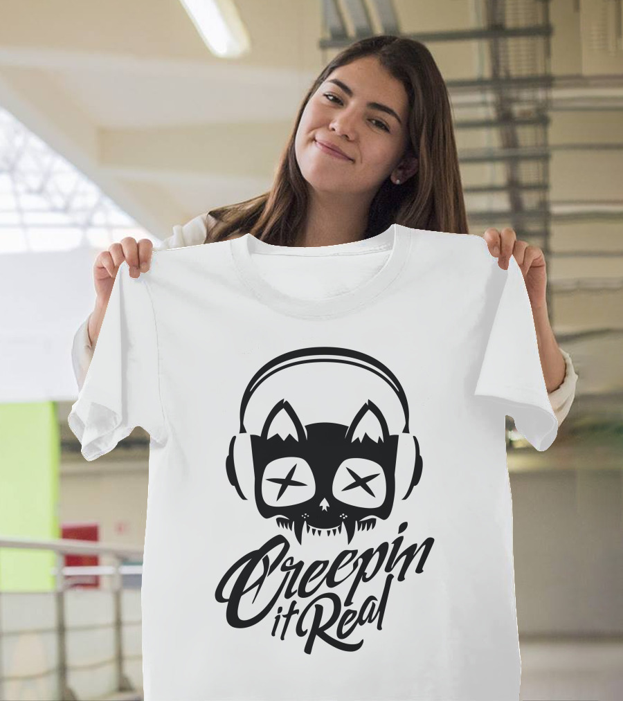 Creepin It Real Skull Cat Headphones T-Shirt