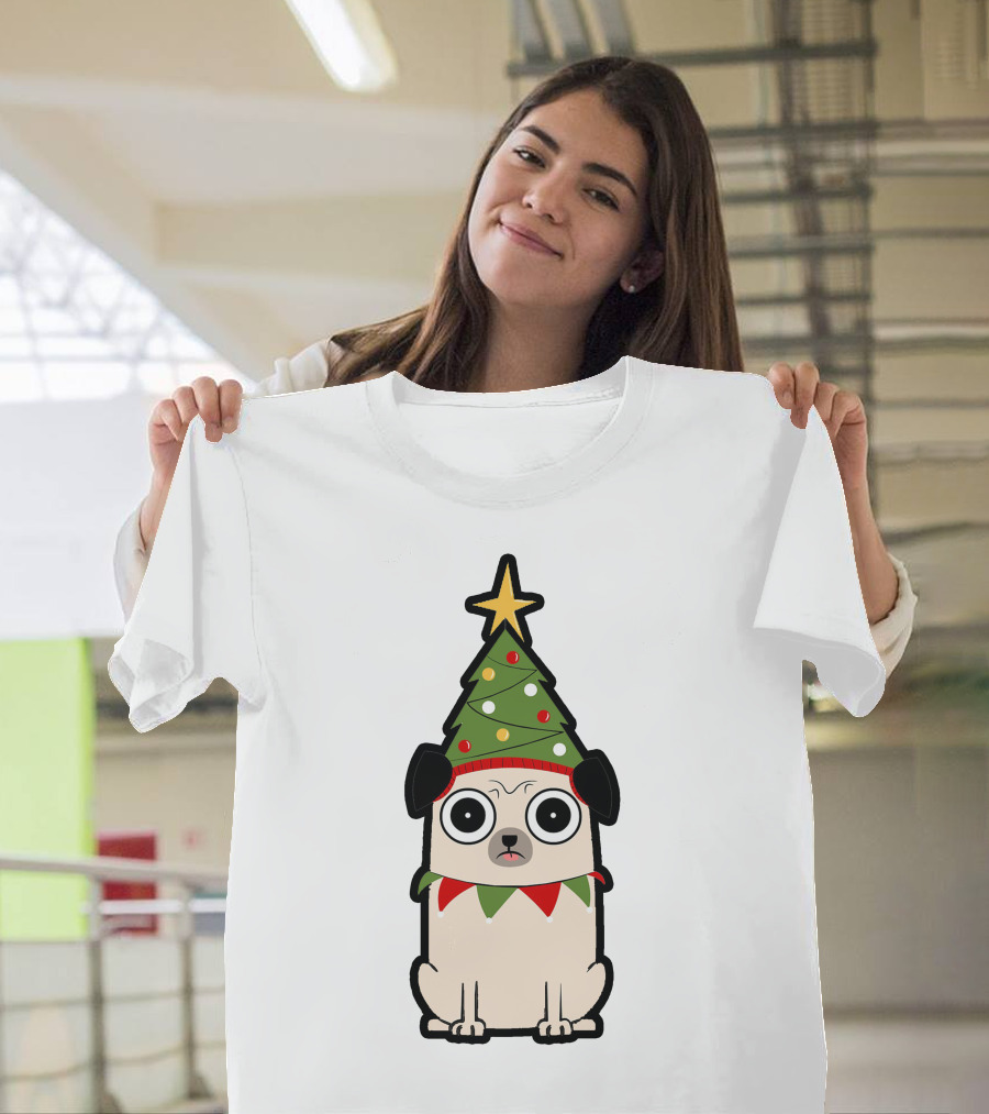 Christmas Tree Hat Pug with Lights and Star T-Shirt