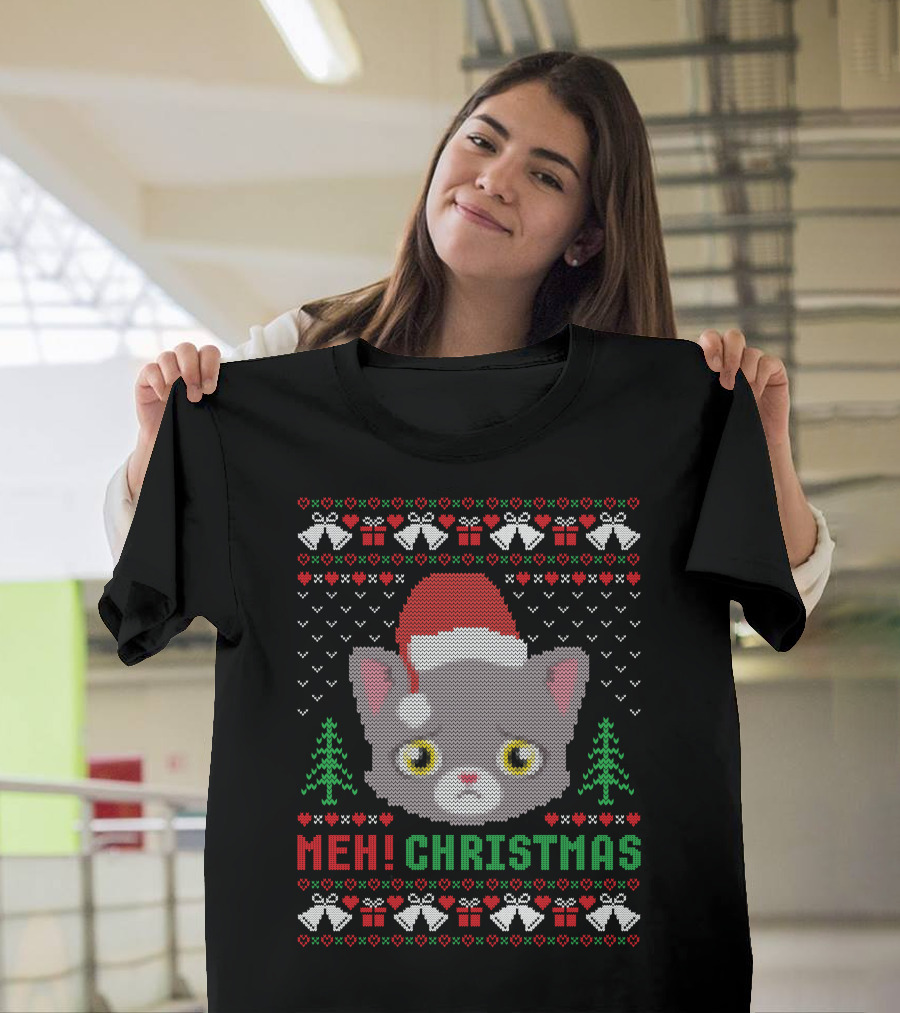 Meh Christmas Cat Ugly Sweater Design with Santa Hat T-Shirt