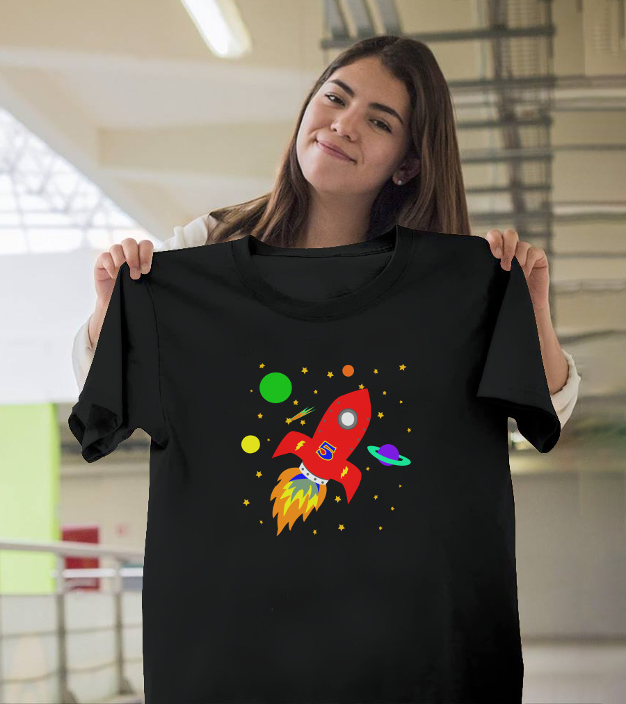 Rocket 5 Space Adventure with Stars and Planets T-Shirt