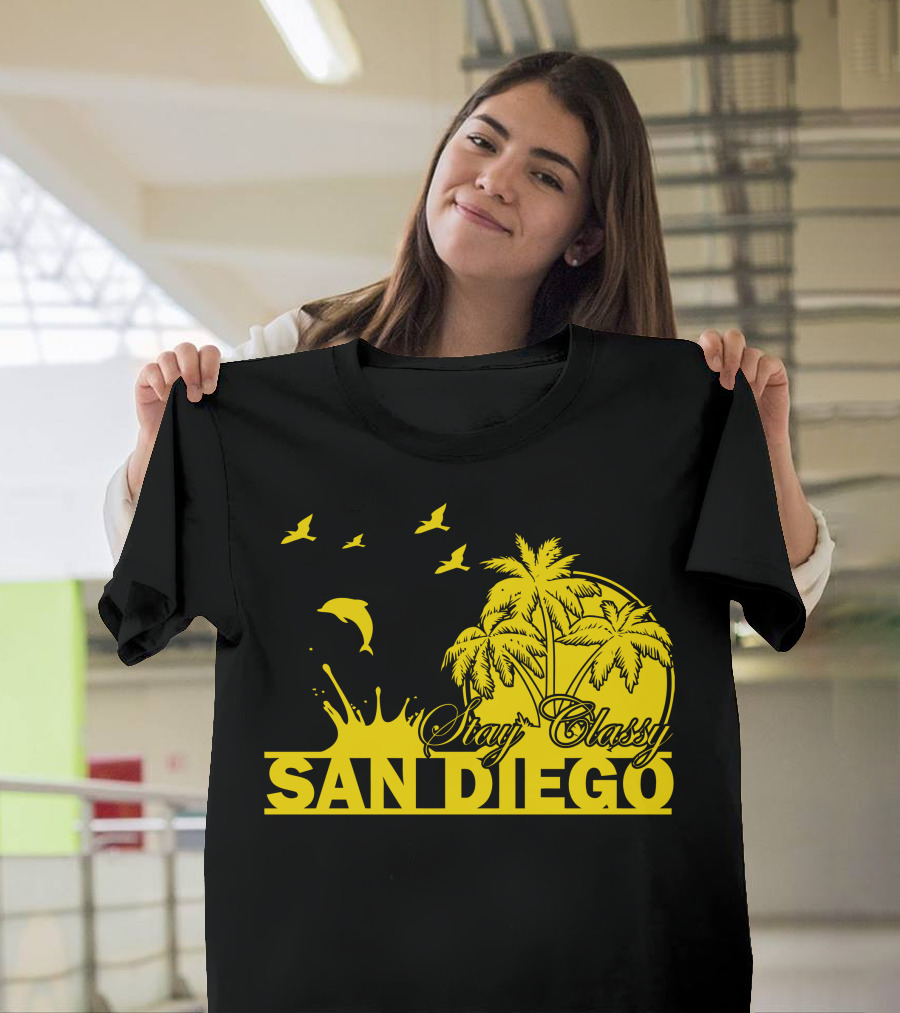 Stay Classy San Diego Dolphins Palm Trees Sunset Birds T-Shirt