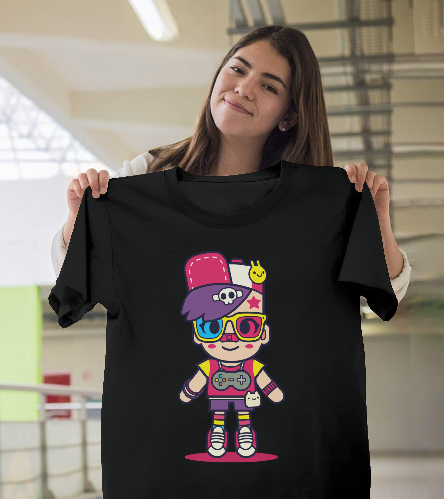 Super Colour Retro Gamer Kid with Skull Hat and Game Controller Accessories T-Shirt