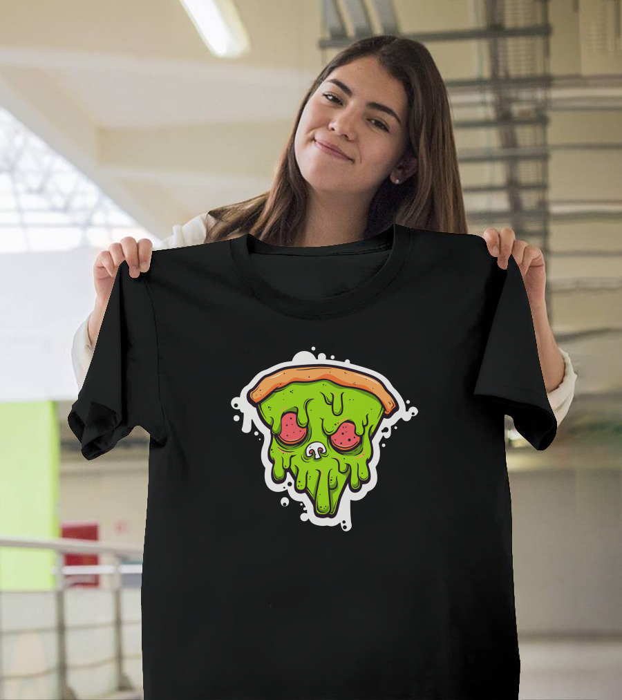 Brainded Pizza Slice with Melting Green Skull T-Shirt