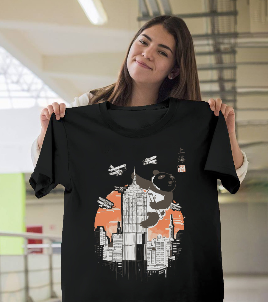 Meanwhile in Shanghai Giant Panda on Skyscraper with Airplanes T-Shirt