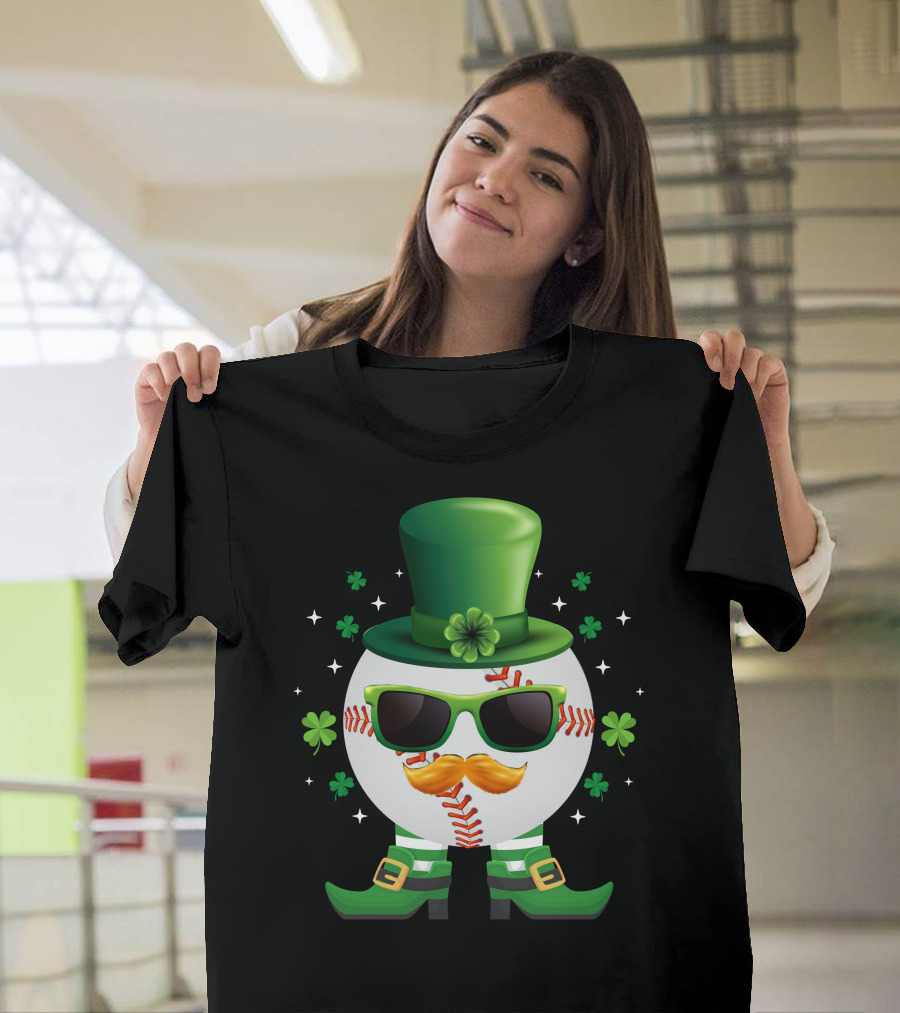 Leprechaun Baseball Ball with Shamrocks and Green Hat and Boots T-Shirt