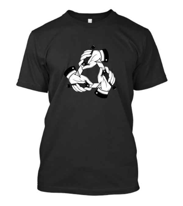 Triangle Of Interlocking Hands With Knives T-Shirt