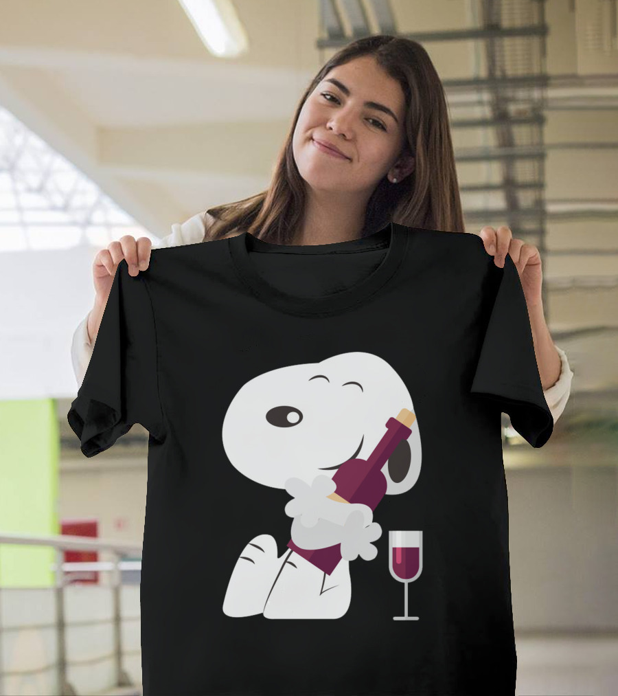 Snoopy Hugging Wine Bottle with Glass T-Shirt