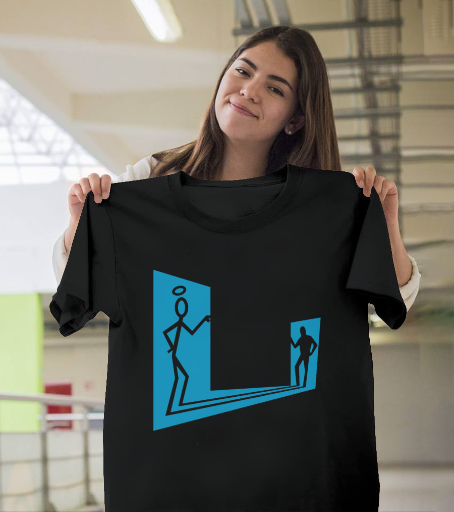 Enter The Saint Stick Figures with Halo and Shadow Silhouette in Blue Rectangular Frame T-Shirt