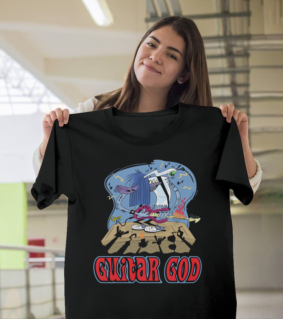 Guitar God Rocking Cartoon Character on Stage with Lightning and Audience Shadows T-Shirt