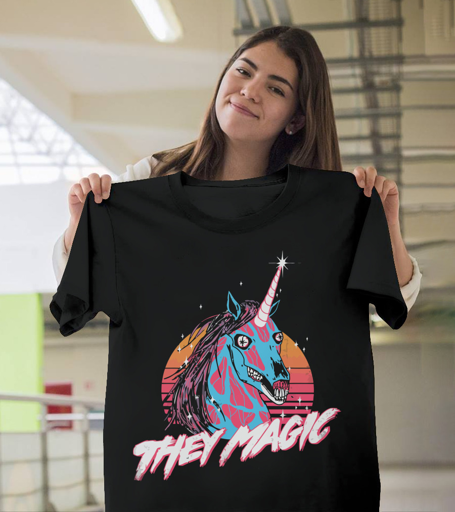 They Magic Retro Unicorn with Vibrant Colors and Sunset Background T-Shirt