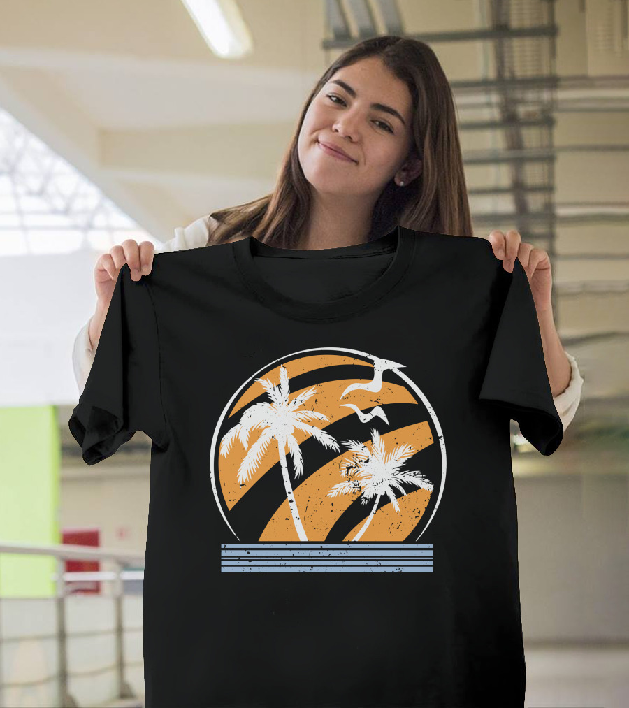 Palm Trees and Seagulls with Orange Stripes T-Shirt