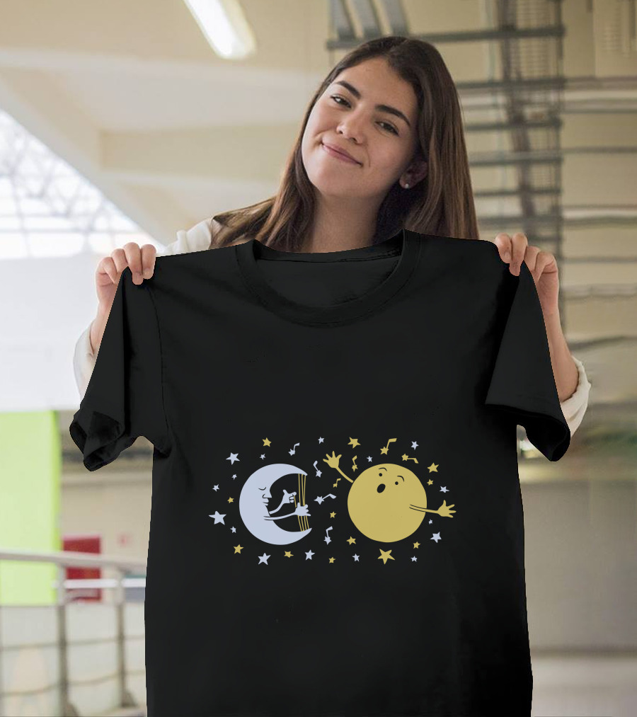 Musical Moon Plays Melody to Singing Sun Surrounded by Stars T-Shirt