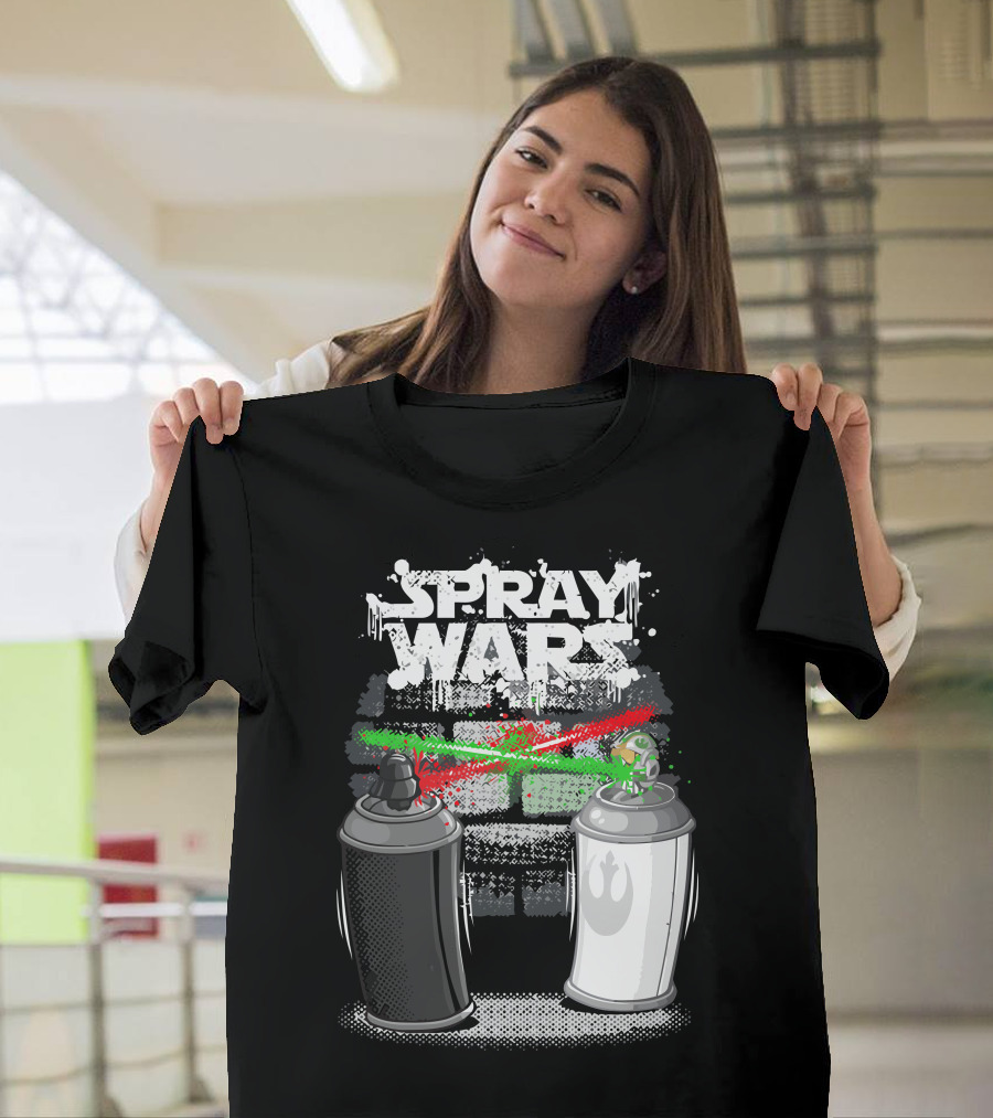 Spray Wars Black and White Aerosol Duel with Galactic Motifs T-Shirt