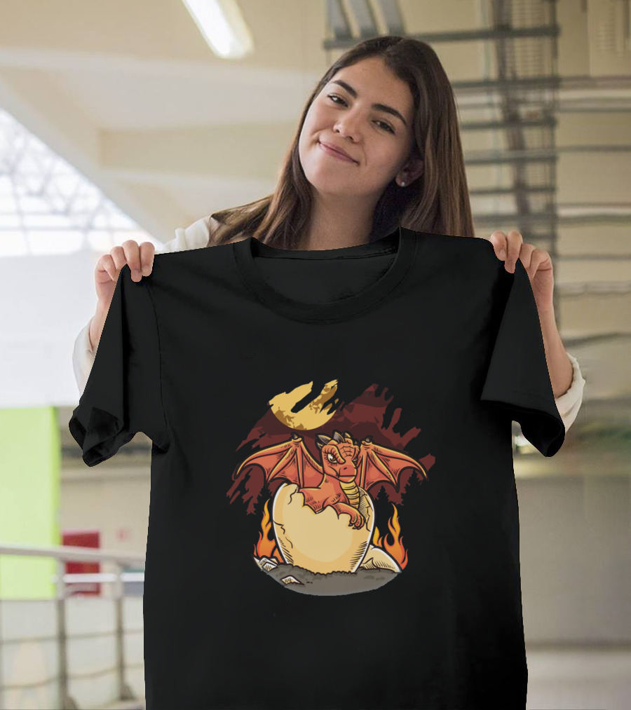 Adorable Baby Dragon Hatching Out Of A Dragon Egg Under Full Moon T-Shirt