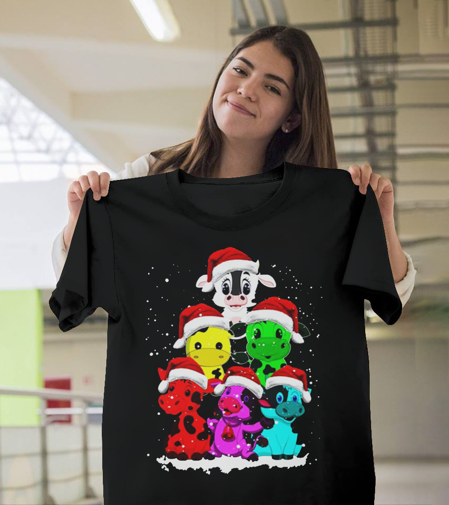 Cow Christmas Santa Hat Stack Multicolor Cows T-Shirt