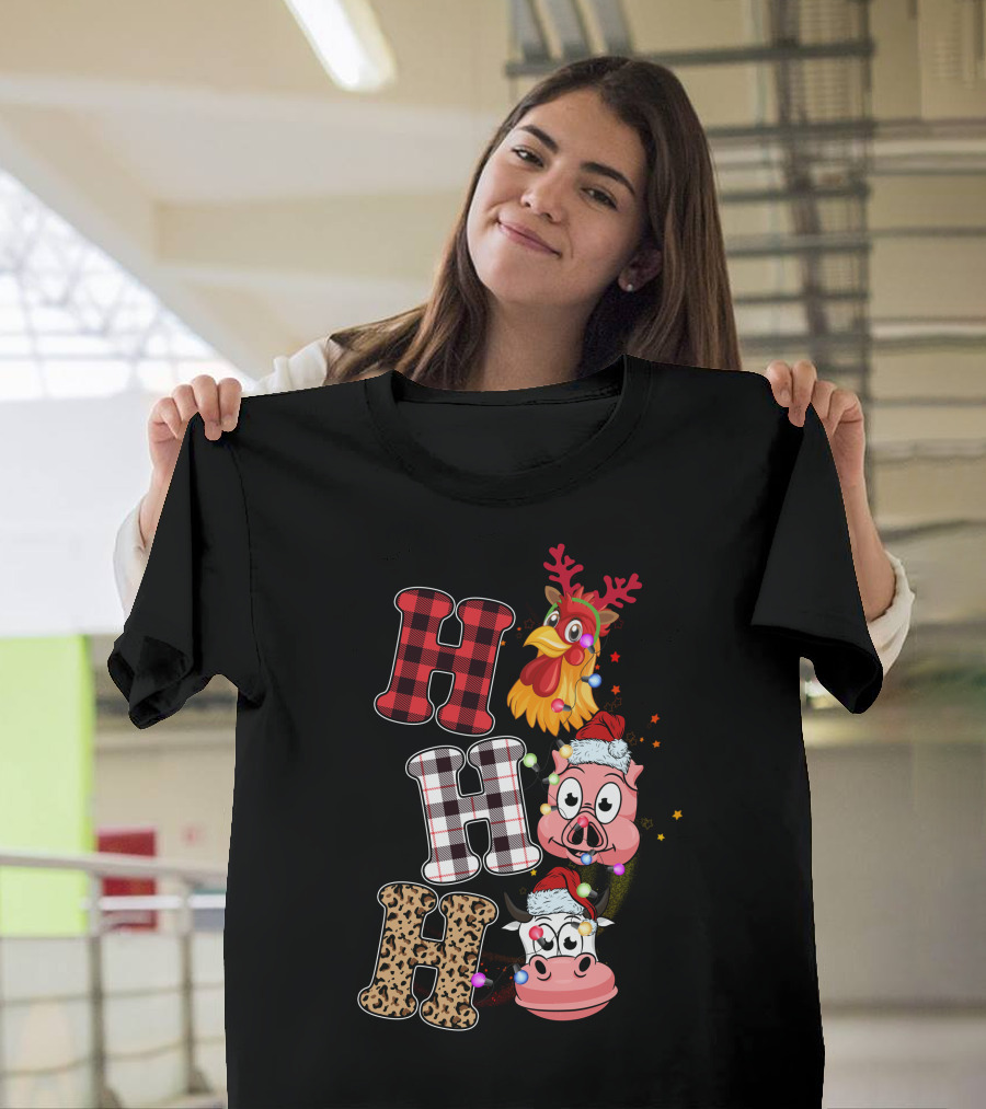Ho Ho Ho Christmas Farm Animals with Reindeer Antlers and Santa Hats T-Shirt