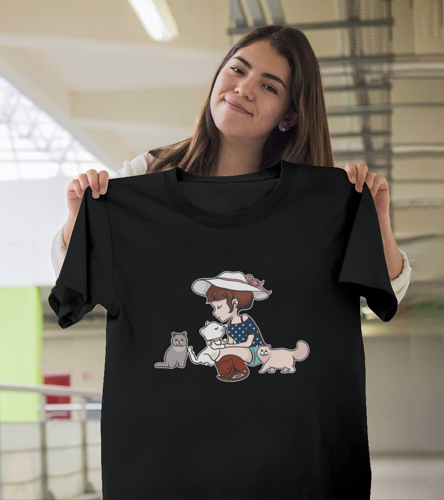 Adorable Little Girl with Cute Cats Cartoon Style Playful Kittens T-Shirt