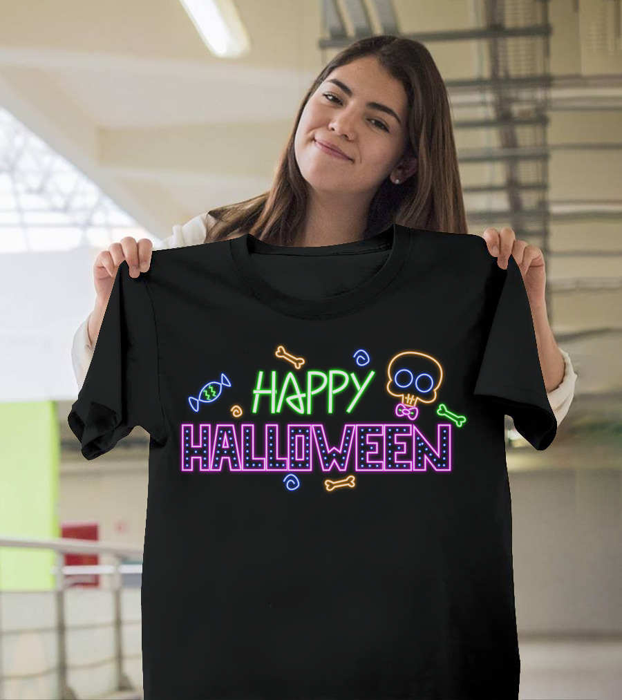 Happy Halloween Neon Candy Skull Bones T-Shirt