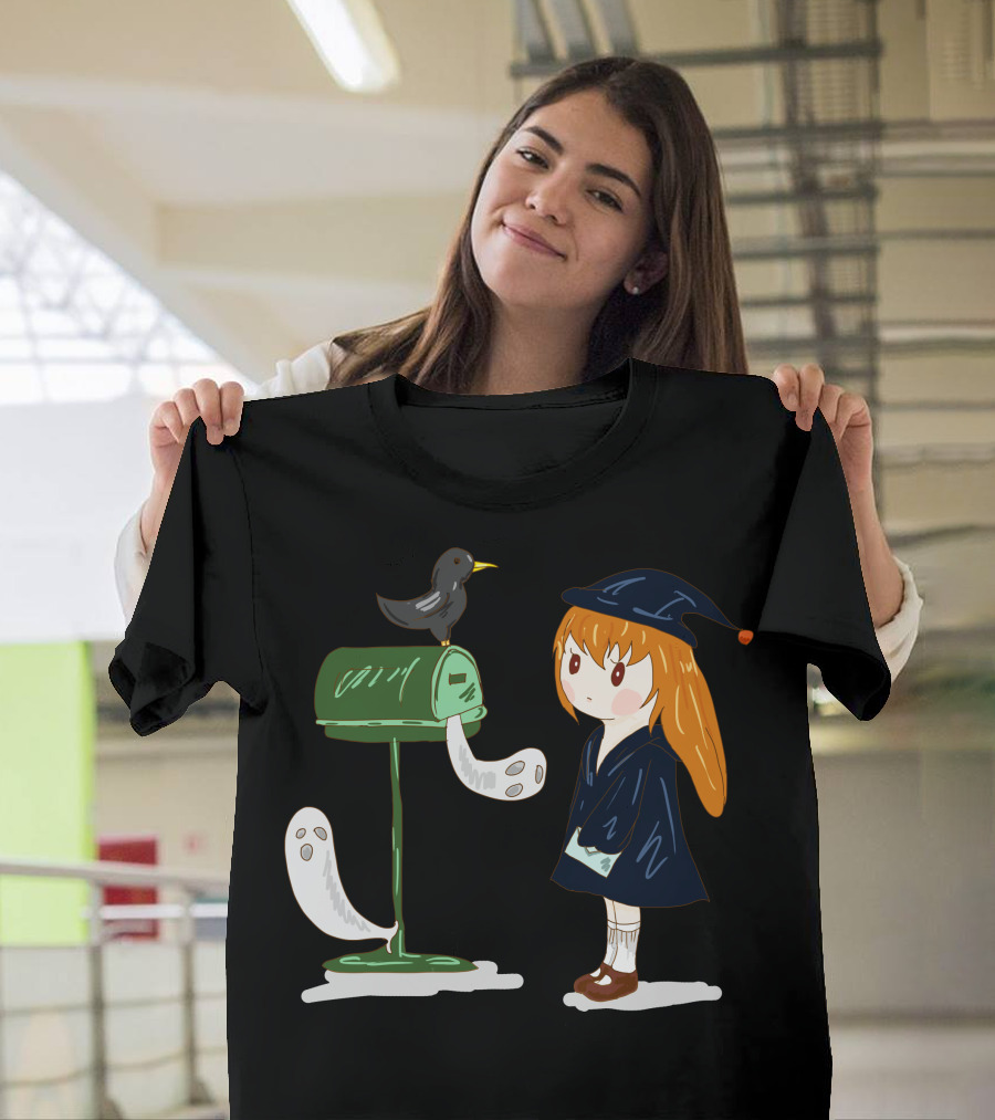 Cute Little Witch with Ghostly Mailbox and Bird on Hat T-Shirt
